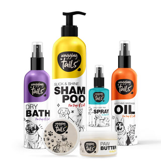 Wagging Tails 5 in 1 Grooming Kit Combo for Pets | Dog Shampoo 400ml+Massage Oil 200ml+Dry Bath 200ml+Paw Butter 50g+Paw Spray 100ml | Made with Natural Ingredients | Head to Paw Gift Box