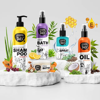 Wagging Tails 5 in 1 Grooming Kit Combo for Pets | Dog Shampoo 400ml+Massage Oil 200ml+Dry Bath 200ml+Paw Butter 50g+Paw Spray 100ml | Made with Natural Ingredients | Head to Paw Gift Box